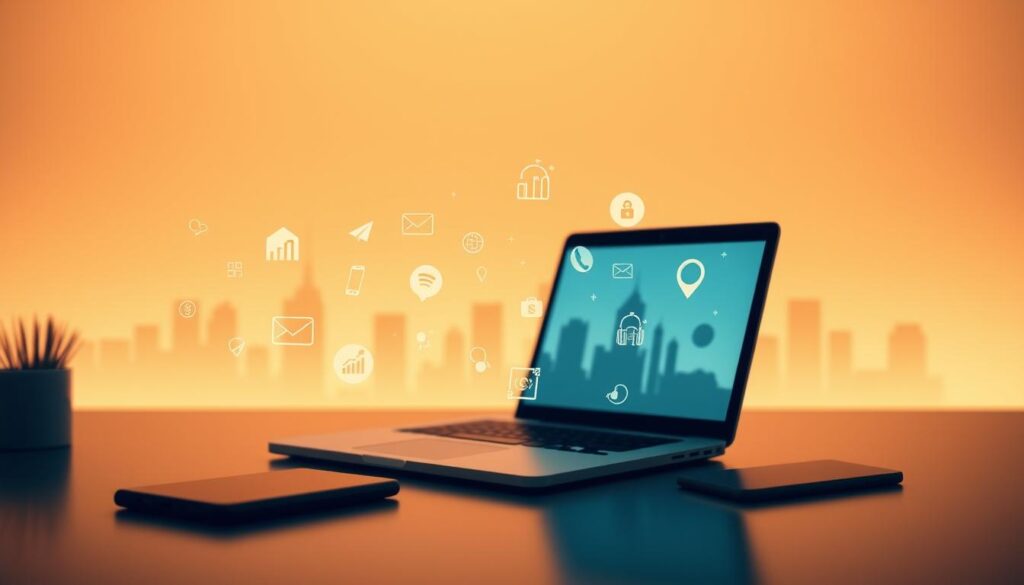 A sleek, modern desktop setup with a laptop, smartphone, and various digital marketing-related icons and symbols floating in the foreground. The background features a minimalist cityscape silhouette bathed in warm, diffused lighting, creating a serene and professional atmosphere. The overall composition conveys a sense of digital innovation, connectivity, and the ever-evolving nature of modern marketing strategies.