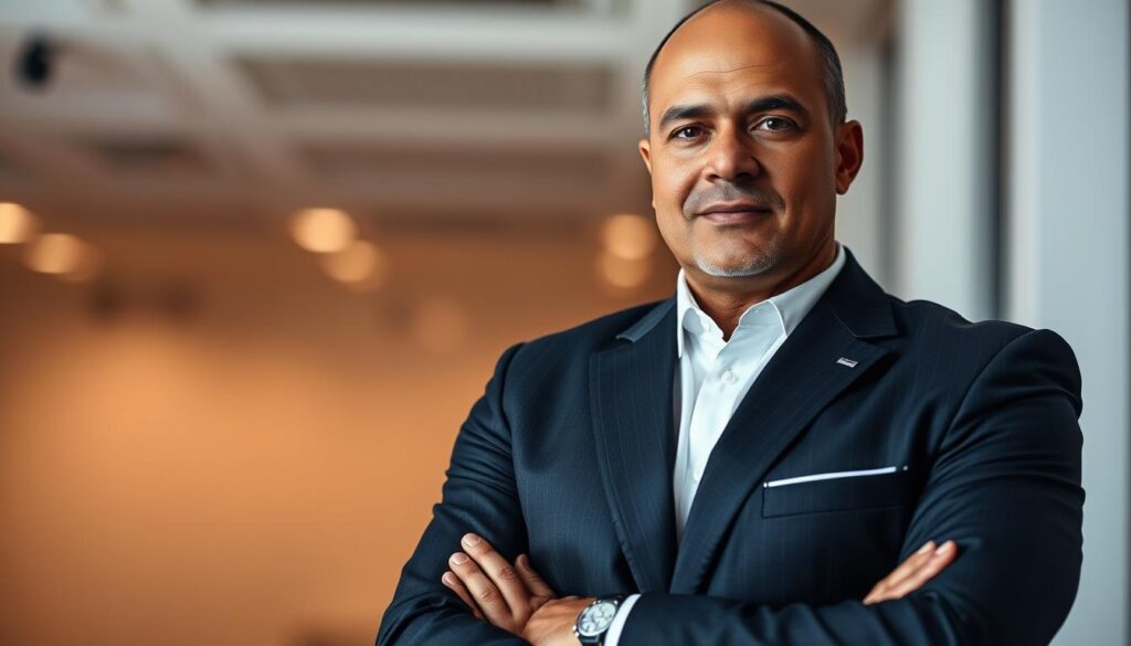Prompt A professional business executive standing confidently, their personal brand exuding authority and expertise. The subject is framed in a three-quarter view, with crisp lighting accentuating their strong facial features and the tailored, sophisticated attire. The background is blurred, placing the focus on the individual and their personal brand. The overall mood conveys a sense of success, credibility, and the importance of cultivating a personal brand in the competitive business landscape.
