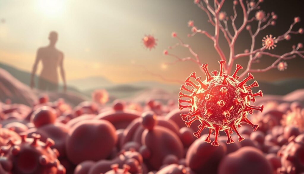 A detailed illustration of the human immune system in action. In the foreground, a cluster of white blood cells and antibodies vigorously defending the body against a malevolent virus, depicted as a shadowy, ominous presence. In the middle ground, a network of lymphatic vessels and lymph nodes glowing with activity, the hubs of the immune response. In the background, a serene, ethereal landscape representing the overall balance and resilience of a healthy organism. Soft, natural lighting bathes the scene, creating a sense of harmony and vitality. The composition conveys the incredible power and elegance of the body's defense mechanisms, inspiring a deeper appreciation for the marvel of human resilience.