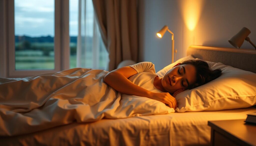 A serene bedroom setting, with a person sleeping peacefully in a comfortable bed. Soft, warm lighting illuminates the scene, casting gentle shadows across the room. The bedsheets are crisp and inviting, and a nightstand with a reading lamp sits nearby. In the background, a window offers a glimpse of a tranquil, outdoor landscape, suggesting the importance of rest and relaxation in daily life. The overall atmosphere conveys the restorative power of sleep and its vital role in maintaining physical and mental well-being.