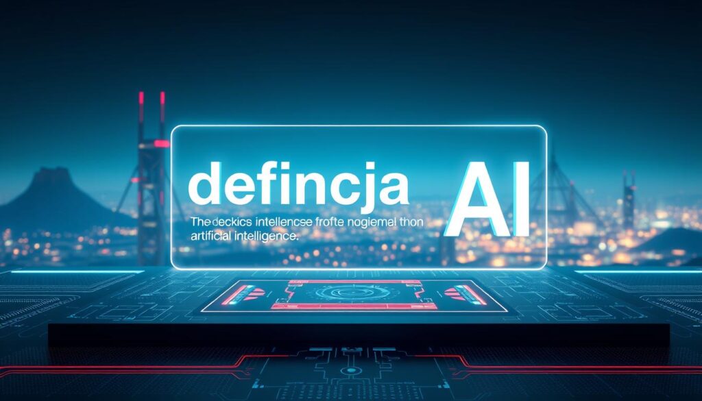 A striking 3D visualization of the term "definicja AI", depicting a holographic, futuristic interface. The foreground features a sleek, transparent display panel showcasing a concise, elegantly-rendered definition of artificial intelligence. The middle ground presents a minimalist, neon-accented control panel, hinting at the advanced capabilities of AI systems. In the background, a vast, tech-infused landscape stretches out, with towering structures and a luminous skyline, conveying the transformative potential of AI in the modern world. The entire scene is bathed in a cool, ethereal lighting, creating an atmosphere of cutting-edge innovation and scientific exploration.