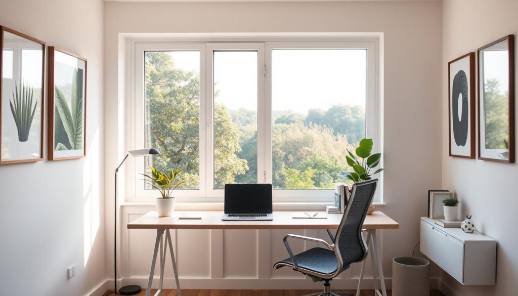 A modern, airy home office with a minimalist desk, a comfortable chair, and a large window overlooking a lush green landscape. Soft, natural lighting filters in, casting a warm, productive glow. On the desk, a laptop, a potted plant, and a few carefully curated office supplies create a calming, clutter-free workspace. The walls are adorned with inspiring artwork, reflecting the creative and focused atmosphere. The scene conveys a sense of tranquility, flexibility, and the ability to work effectively in the comfort of one's own space, embodying the essence of remote work.