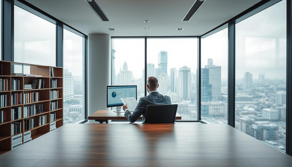 A modern, sleek office interior with floor-to-ceiling windows overlooking a cityscape. In the foreground, a businessman sits at a minimalist wooden desk, reviewing financial documents and spreadsheets on a high-resolution monitor. Soft, diffused lighting from overhead fixtures creates a calm, professional atmosphere. The middle ground features a bookshelf filled with finance-related literature, while the background showcases the bustling urban landscape outside, representing the broader economic context. The overall scene conveys a sense of thoughtful financial management and strategic decision-making within a dynamic business environment.