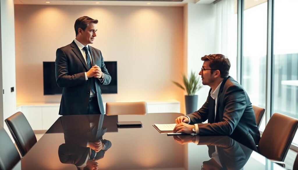 A professional business person, dressed in a sharp suit, stands confidently in a sleek, modern office space, hands clasped as they make eye contact with a potential investor seated across an elegant conference table. The investor, dressed in a tailored blazer, leans forward with an attentive expression, papers and a tablet in front of them, indicating an active discussion about the business proposal. Warm, indirect lighting casts a subtle glow, creating an atmosphere of professionalism and engagement. The room's minimalist decor and large windows suggest an air of sophistication and success, reflecting the importance of this investor meeting.