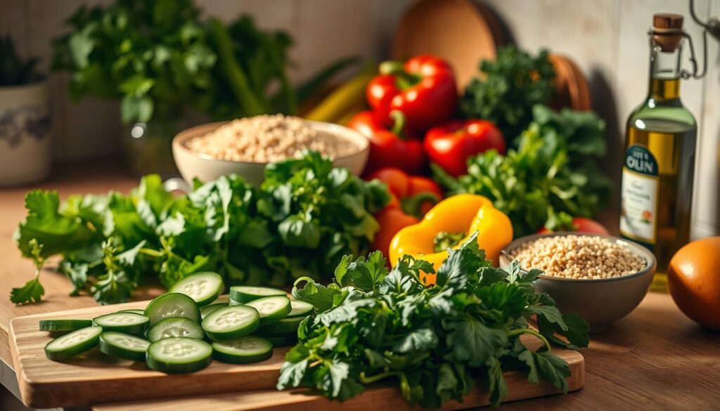 A serene kitchen counter, filled with a vibrant array of fresh vegetables, whole grains, and aromatic herbs. Soft, diffused lighting bathes the scene in a warm, inviting glow, casting gentle shadows and accentuating the natural textures. In the foreground, a cutting board with sliced cucumbers, bell peppers, and leafy greens, a testament to the abundance of anti-inflammatory ingredients. Behind, a bowl of whole-grain quinoa and a jar of extra-virgin olive oil, symbolizing the importance of whole, minimally processed foods in an anti-inflammatory diet. The overall atmosphere evokes a sense of calm, wellness, and a commitment to nourishing the body through wholesome, plant-based cuisine.