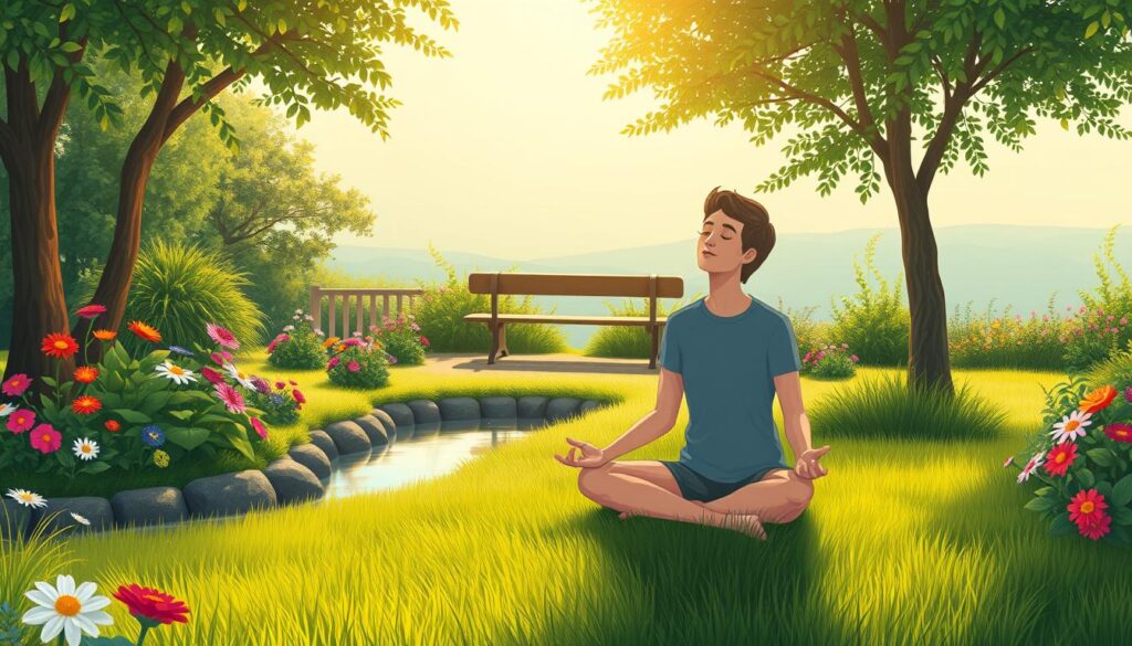 A serene mental health illustration showcasing a tranquil garden scene. In the foreground, a person sits cross-legged on the grass, eyes closed, exuding a sense of inner calm and mindfulness. Surrounding them, lush greenery, vibrant flowers, and a meandering stream create a soothing, natural environment. The middle ground features a bench under a canopy of trees, inviting contemplation and introspection. In the background, a distant horizon blends seamlessly with the sky, conveying a sense of balance and wholeness. The lighting is soft and diffused, bathing the scene in a warm, golden glow that enhances the tranquil atmosphere. The overall mood is one of peacefulness, self-reflection, and a holistic approach to mental well-being.