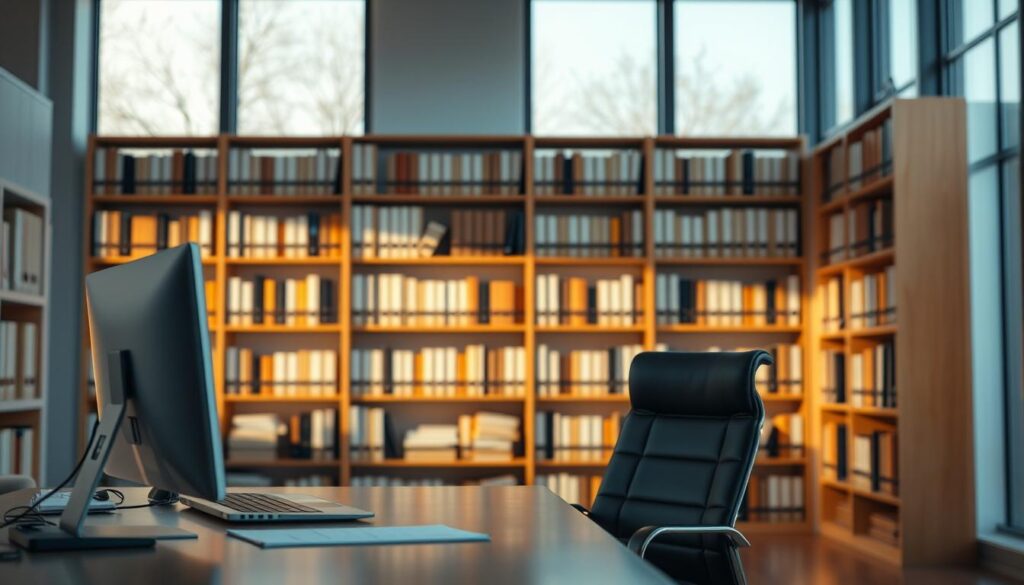 A serene, professional office setting with a desk, chair, and laptop computer in the foreground. Shelves of books and files lining the walls in the middle ground, creating a sense of knowledge and expertise. Warm, natural lighting filters in through large windows in the background, evoking a contemplative, reflective mood. The overall composition conveys an atmosphere of thoughtful consideration, in line with the subject of "Wprowadzenie do psychologii sprzedaży".