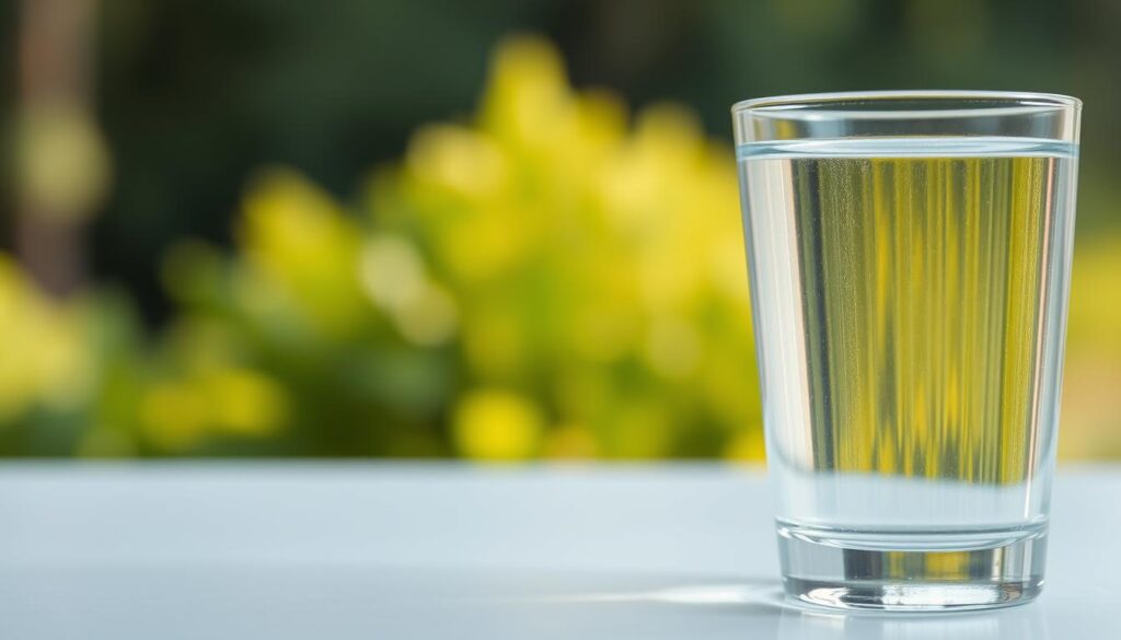 A serene glass of crystal clear water set against a soft, blurred background of lush greenery. The glass is positioned in the foreground, capturing the light in a way that emphasizes the transparency and purity of the water within. The mid-ground features a verdant, out-of-focus landscape, hinting at the natural origins of this essential resource. The background is bathed in a warm, diffused lighting that creates a sense of calm and tranquility. The overall composition and mood convey the importance of hydration and the refreshing, life-sustaining qualities of water for the healthy functioning of the human body.