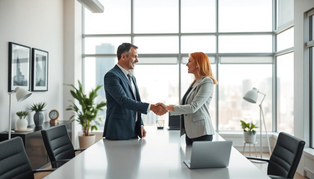 A well-lit, airy office space with two business professionals shaking hands across a sleek, modern desk. In the foreground, the handshake is the focal point, conveying a sense of trust, collaboration, and mutual respect. The middle ground features tasteful decor such as potted plants, framed artwork, and a minimalist lamp, creating a professional yet inviting atmosphere. The background showcases large windows overlooking a bustling cityscape, suggesting the global reach and interconnectedness of the business relationship. The overall mood is one of positivity, growth, and the strength of long-term partnerships.
