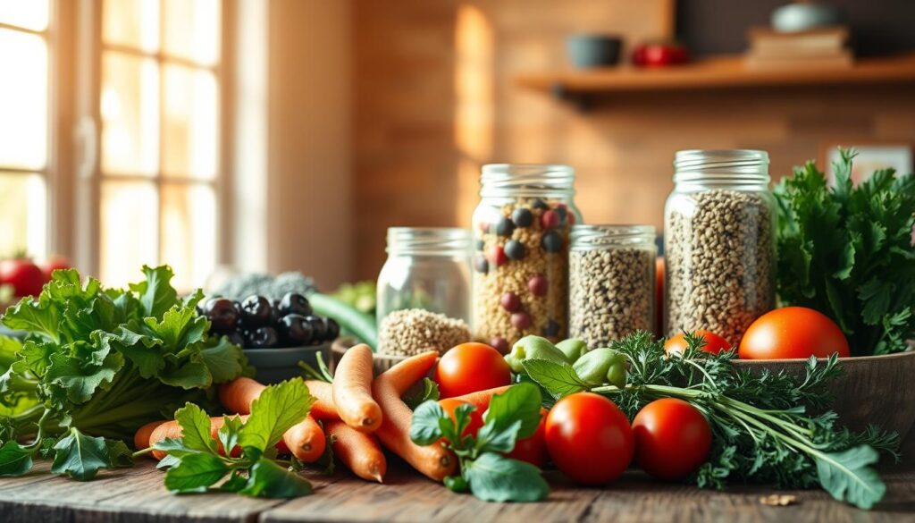 A vibrant still life showcasing a variety of fresh, wholesome ingredients for a healthy meal. In the foreground, an array of crisp vegetables - leafy greens, crunchy carrots, and juicy tomatoes - arranged artfully on a rustic wooden surface. In the middle ground, a glass jar filled with chia seeds, quinoa, and other nutritious grains, complemented by a bowl of colorful berries. The background features a large window, allowing warm, natural light to pour in, creating a bright, airy atmosphere that evokes a sense of wellness and vitality. The composition is balanced, the lighting is soft and inviting, and the overall mood is one of simplicity, purity, and a celebration of nature's bounty - a visual representation of healthy eating habits.